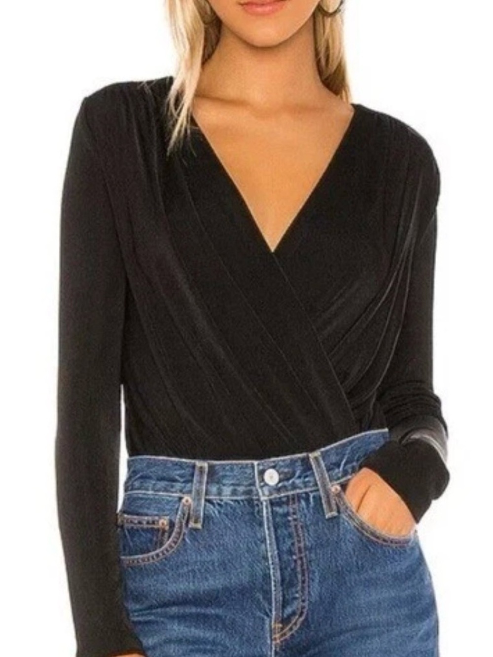 Free People Black Turnt Surplice V-Neck Long Sleeve Bodysuit Size Small